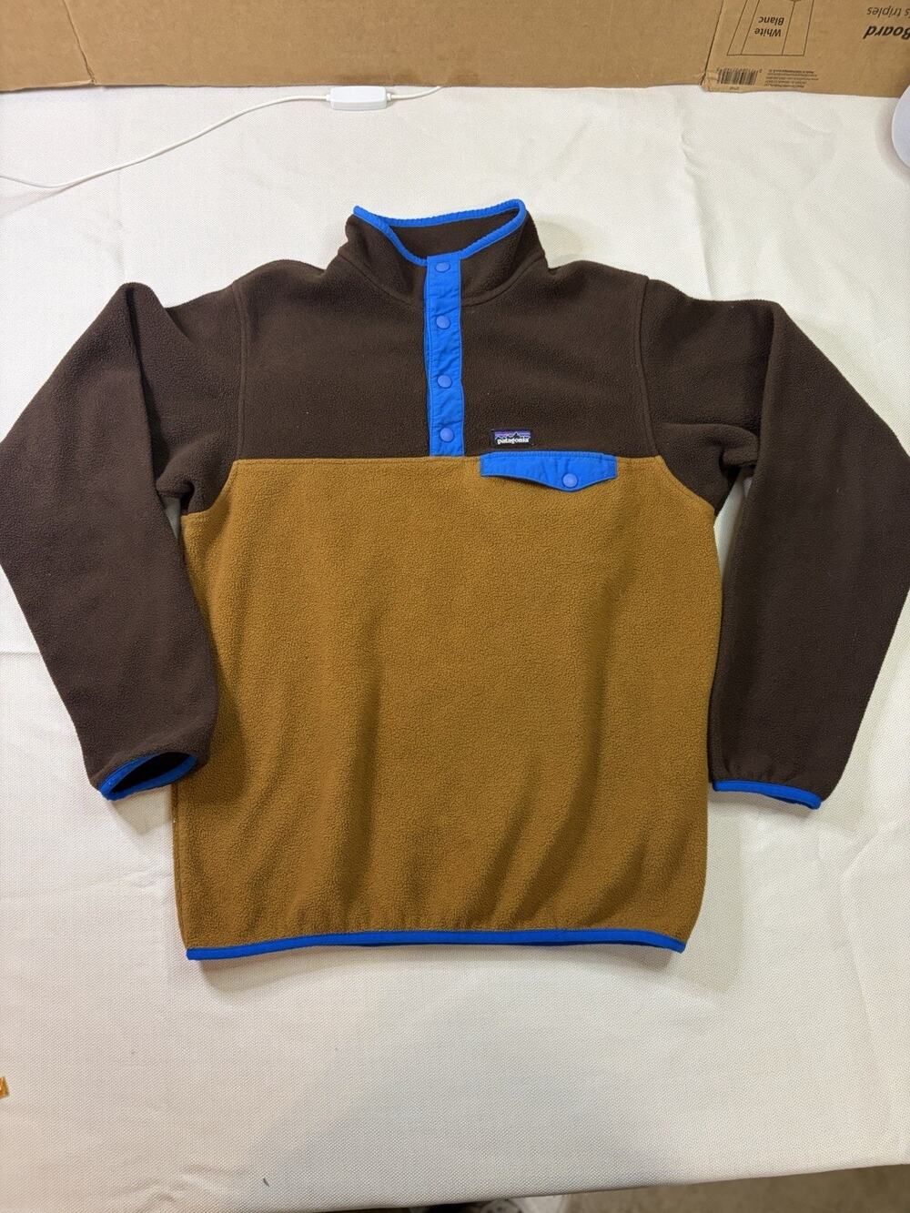 Patagonia Fleece Boys XXL Synchilla Snap-T Brown Mustard Blue Colorblock